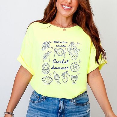Coastal Summer Sketched Outline - Women's Garment Dyed Graphic T-Shirt