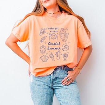 Coastal Summer Sketched Outline - Women's Garment Dyed Graphic T-Shirt