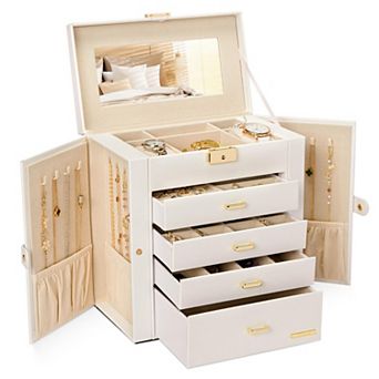 White Faux Leather Jewelry Watch Box Mirrored Lockable Necklace Earring Ring Organizer
