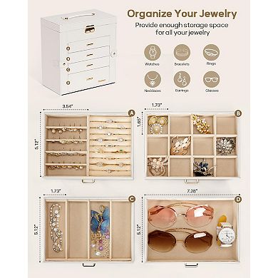 White Faux Leather Jewelry Watch Box Mirrored Lockable Necklace Earring Ring Organizer