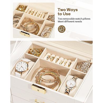 White Faux Leather Jewelry Watch Box Mirrored Lockable Necklace Earring Ring Organizer