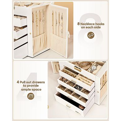 White Faux Leather Jewelry Watch Box Mirrored Lockable Necklace Earring Ring Organizer