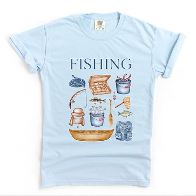 Fishing Watercolor Collage - Women's Garment Dyed Graphic T-Shirt