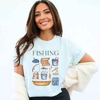 Fishing Watercolor Collage - Women's Garment Dyed Graphic T-Shirt