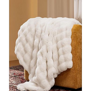Faux Fur Throw Blanket Ultra Soft Plush Thick Bubble Design