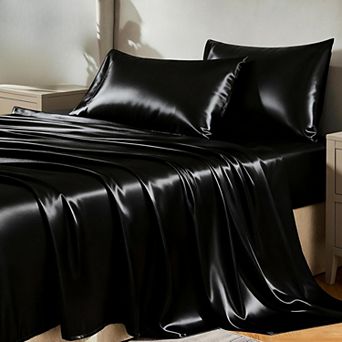 Satin Sheets Queen Size Bed Set - 4 pc Silky Queen Sheet Set, Luxury Black Queen Sheets