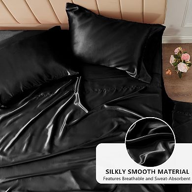 Satin Sheets Queen Size Bed Set - 4 Piece Silky Queen Sheet Set, Luxury Black Queen Sheets