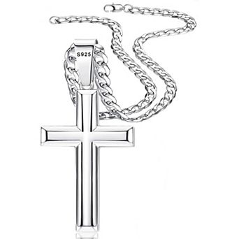 ZUQIETA 925 Sterling Silver 5mm Diamond-Cut Cuban Link Cross Necklace, 22"