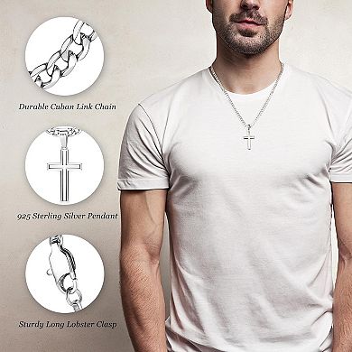 ZUQIETA 925 Sterling Silver 5mm Diamond-Cut Cuban Link Cross Necklace, 22"