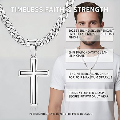 ZUQIETA 925 Sterling Silver 5mm Diamond-Cut Cuban Link Cross Necklace, 22"