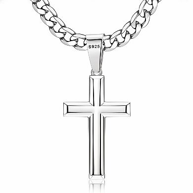 ZUQIETA 925 Sterling Silver 5mm Diamond-Cut Cuban Link Cross Necklace, 22"