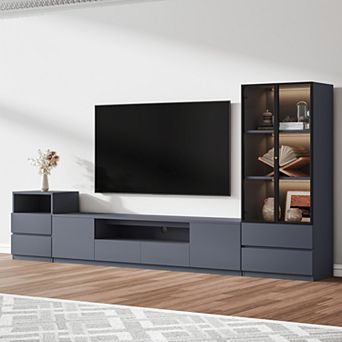Gray Entertainment Center With TV Stand and Storage, Wood Media Console Set Of 3 Up To 75" Tvs