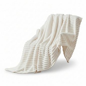 Cream White Fleece Throw Blanket 50x60 Soft Warm Fluffy Striped for Couch