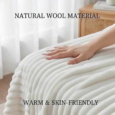 Cream White Fleece Throw Blanket 50x60 Soft Warm Fluffy Striped for Couch