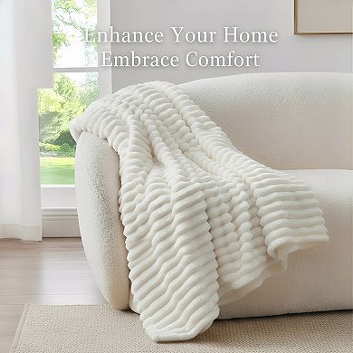 Cream White Fleece Throw Blanket 50x60 Soft Warm Fluffy Striped for Couch