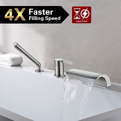 SUMERAIN Bathtub Faucet with Waterfall Spout and Hand Shower, High-Flow Three-Hole, Lead-Free