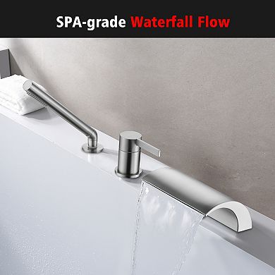 SUMERAIN Bathtub Faucet with Waterfall Spout and Hand Shower, High-Flow Three-Hole, Lead-Free