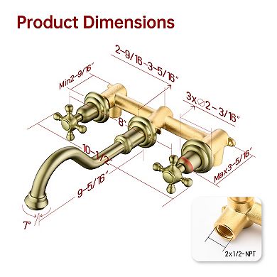 SUMERAIN 2-Handle Wall Mount Bathroom Faucet with 360' Rotatable Spout, High Arc, Solid Brass