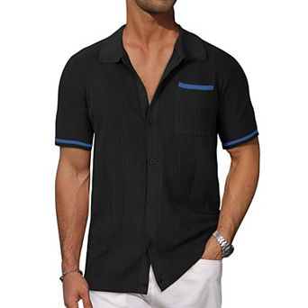 Men's Short Sleeve Button Down Shirts Hollowed Out Cool Summer Casual Tops with Pocket