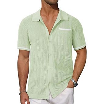 Men's Short Sleeve Button Down Shirts Hollowed Out Cool Summer Casual Tops with Pocket