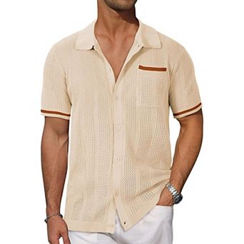 Men's Short Sleeve Button Down Shirts Hollowed Out Cool Summer Casual Tops with Pocket