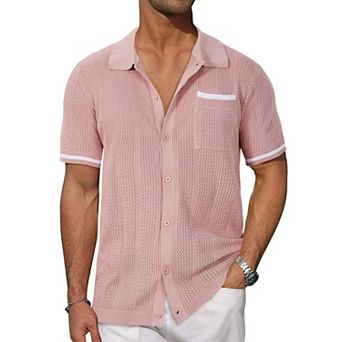 Men's Short Sleeve Button Down Shirts Hollowed Out Cool Summer Casual Tops with Pocket