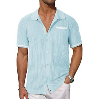 Men's Short Sleeve Button Down Shirts Hollowed Out Cool Summer Casual Tops with Pocket