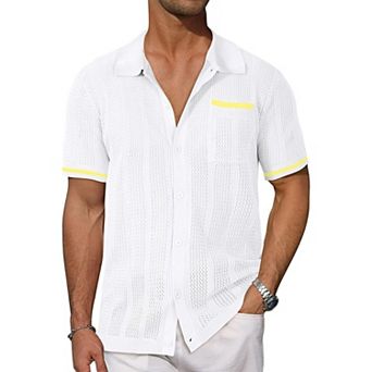Men's Short Sleeve Button Down Shirts Hollowed Out Cool Summer Casual Tops with Pocket
