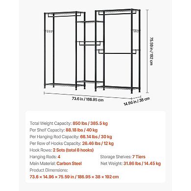 Closet Wardrobe Organizer with 7 Shelves, 4 Hanging Rods, and 8 Hooks
