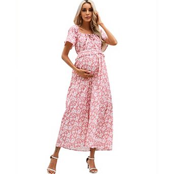 Women's Maternity Square Neck Short Sleeve Boho Floral Print Tie Front Long Dress