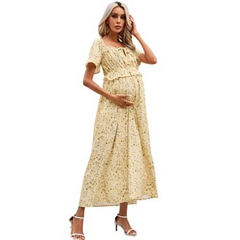 Women's Maternity Square Neck Short Sleeve Boho Floral Print Tie Front Long Dress