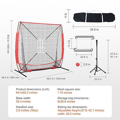 Baseball and Softball Practice Net Set with Tee, Target Frames, and Sand-Filled Ball