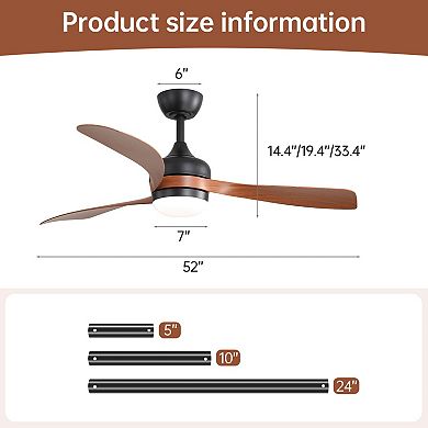 52" Dimmable Ceiling Fan With Reversible DC Motor and 18W LED Light, Remote Control