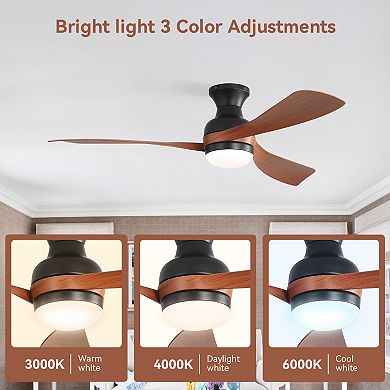 52-Inch Flush Mount Ceiling Fan With Dimmable Light And Remote Control, 3 ABS Fan Blades