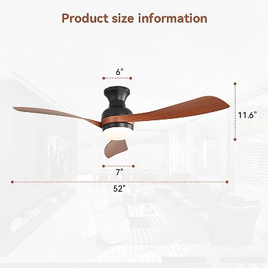 52-Inch Flush Mount Ceiling Fan With Dimmable Light And Remote Control, 3 ABS Fan Blades