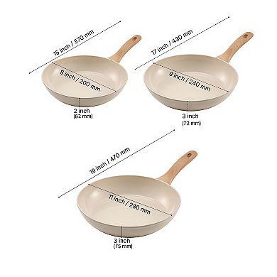 3 Piece Aluminum Frying Pan Set Nonstick Ceramic Coated Cool Handle Induction Ready