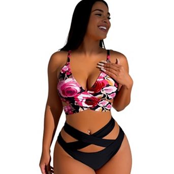 Women's Floral Print Wrap Bikini Set Cutout High Waist Two Piece Swimsuit