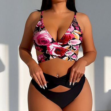 Women's Floral Print Wrap Bikini Set Cutout High Waist Two Piece Swimsuit