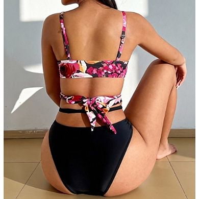Women's Floral Print Wrap Bikini Set Cutout High Waist Two Piece Swimsuit