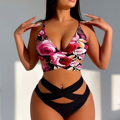 Women's Floral Print Wrap Bikini Set Cutout High Waist Two Piece Swimsuit