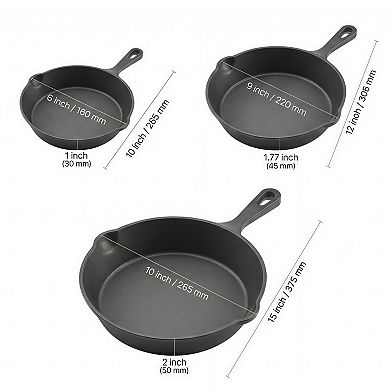 3 Piece Preseasoned Cast Iron Skillet Frying Pan Set with Handle