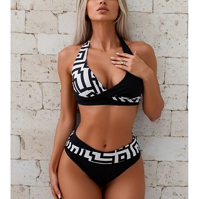 Women's Two Piece Bikini Set - Halter Wrap Top with High Waisted Bottoms
