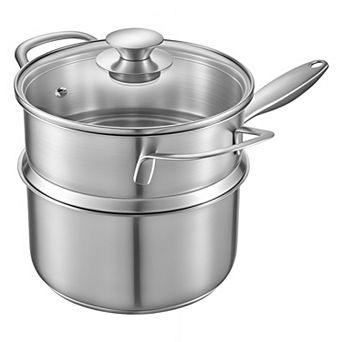 Stainless Steel Saucepan with Steamer Glass Lid Induction Safe