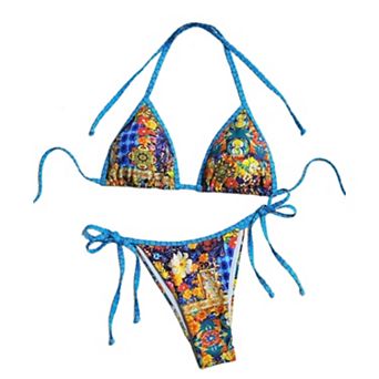 Women's Boho Floral Triangle Bikini Set Tie Side Thong Two Piece Swimsuit