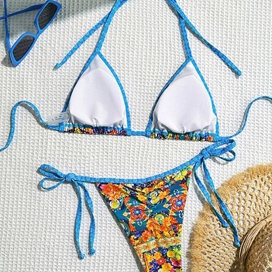 Women's Boho Floral Triangle Bikini Set Tie Side Thong Two Piece Swimsuit