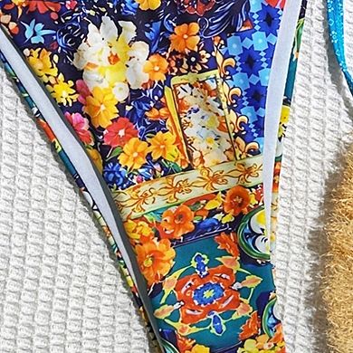 Women's Boho Floral Triangle Bikini Set Tie Side Thong Two Piece Swimsuit