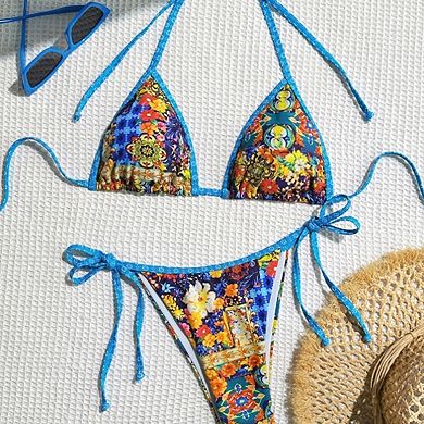 Women's Boho Floral Triangle Bikini Set Tie Side Thong Two Piece Swimsuit