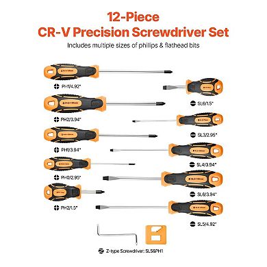 12-Piece Screwdriver Set with Phillips, Slotted, Z-Type Bits and Magnetic Tips
