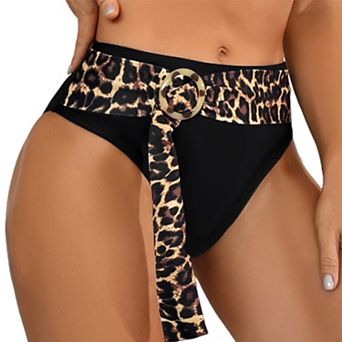 Women's High Waist Leopard Print Belted Bikini Bottom High Cut Swim Brief