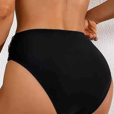 Women's High Waist Leopard Print Belted Bikini Bottom High Cut Swim Brief